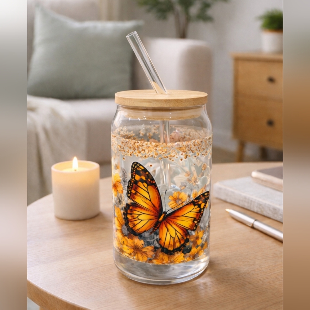 You Are Enough Glass Can Cup 🦋 Butterfly | Bamboo Lid & Straw | 16 oz